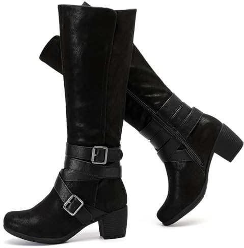 Ruiee Women's Knee High Boots Slouchy Heeled Boots. | Chunky Heel, Slouchy, Versatile, Comfort, Faux Leather, Round Toe, Side Zipper