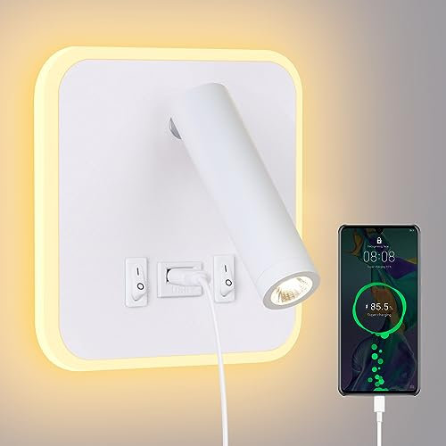 ERWEY Leselampe Wandmontage Bett,LED Wandleuchte mit Schalter und USB-Ladeanschluss,3W 4000K+5W 3000K Bettlampe Wandlampe Leselicht Schwenkbar für Schlafzimmer,Weiß