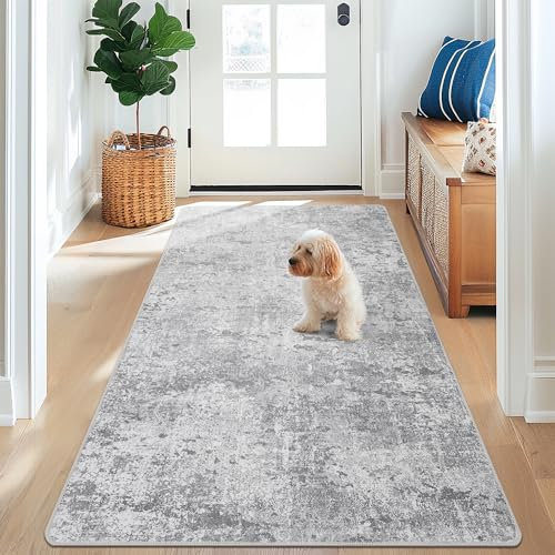 BEIMO Läufer Teppich 80x150 cm, Waschbarer Kurzflor Teppich für Flur, rutschfeste Matte, Weich und Strapazierfähig, Moderner Abstrakter Stil, Ideal für Eingangsbereich, Korridor, Küche, Hellgrau