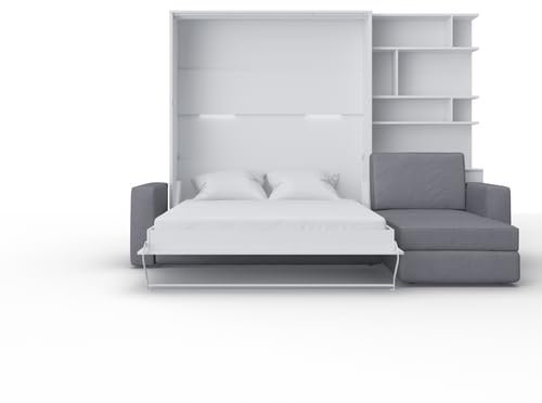 MAXIMAHOUSE Schrankbett vertikal Invento LED 160V (160x200) mit Ecksofa und Regal (Weiß/Weiß matt + graues Sofa + Regal)