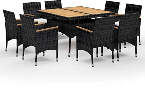Gecheer 9-TLG. Gartengarnitur Set Garten Essgruppe | Gartengruppe Sitzgarnitur | Gartenmöbel inkl. Tisch mit Holz-Tischplatte, Stühle und Kissen - Poly Rattan und Akazienholz Schwarz