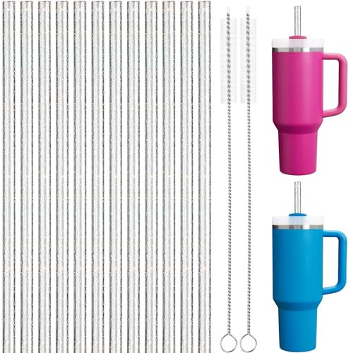 NiHome 12 Glitzer Plastikstrohhalme für Stanley 40oz Tumbler, wiederverwendbar mit 2 Reinigungsbürsten - Langlebiges PETG, BPA-frei, kompatibel mit Stanley 20/30/40 oz(klar)