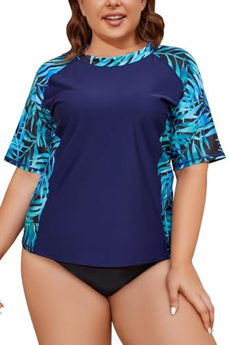 SHEKINI Camiseta de Natación con Protección Solar para Mujer Camiseta de Surf de Manga Corta Traje de Baño Superior Talla Grande（3XL，Azul Oscuro-SY）