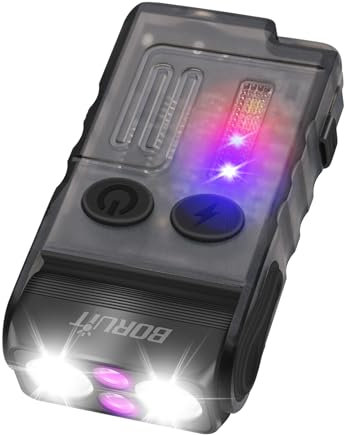 BORUIT V20 Taschenlampe LED Aufladbar 1000LM mit 365nm UV, Rotes Grün Blaues Warmes Licht, 180° Drehbar, 110 dB-Summer Mini Taschenlampen, 13 Modi IP67 Wasserdicht Klein Flashlight