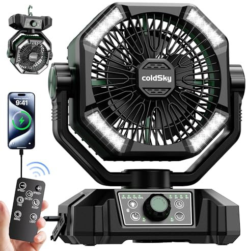 coldSky 𝟮𝟬𝟬𝟬𝟬𝗺𝗔𝗵 Camping Fan with Dual Motor, Battery Operated Fan with 4 LED Lantern, 8 Speeds Desk Fan with Remote, Portable Outdoor Fan with Hook for Tent, Power Outages, Jobsite (Green)