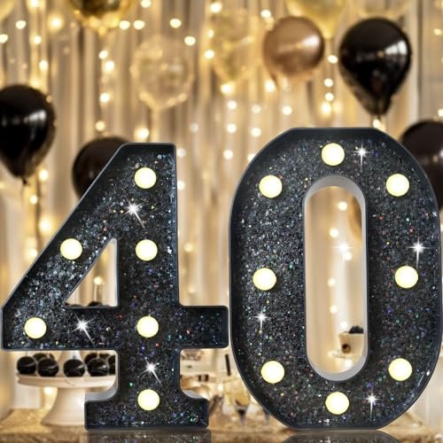 8.8 Decorative LED Light Up Numbers, Glitter Marquee Numbers Lights for 40th Birthday Decorations, Shiny Lighted Number Sign for Birthday Party Wedding Anniversary Home Decor, Glitter Black 40