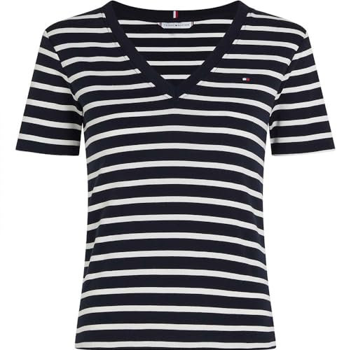 Tommy Hilfiger T-Shirt Manches Courtes Femme New Slim Cody V-Neck Col en V, Multicolore (Nos Breton Desert Sky/Ecru), M