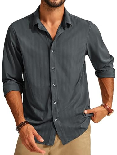 PJ PAUL JONES Men's Long Sleeve Formal Shirt Casual Stretch Smart Non Iron Business Dress Shirts M Dark Gray