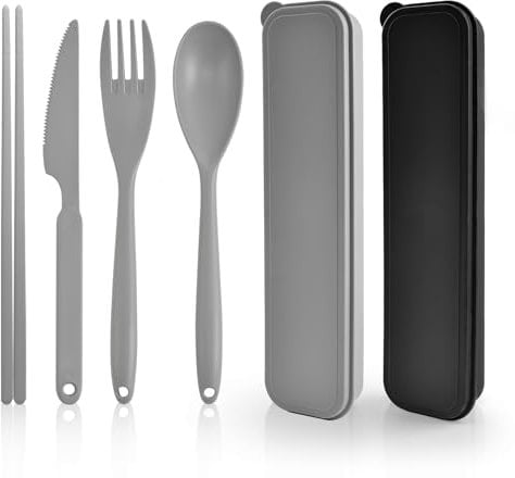 2 Großer Besteck Set, Camping Besteckset mit Koffer, Kunststoff Reisebesteck Löffel Messer Gabel Essstäbchen Etui, Campingbesteck Tragbares Wiederverwendbares für Picknick Outdoor (Schwarz, Grau)
