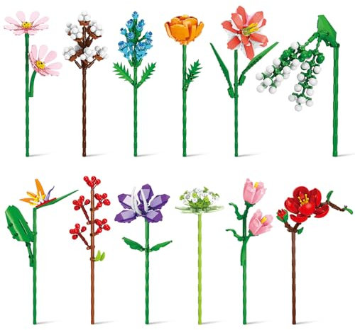 TAIHOBO 12 Stück Blumenstrauß Set, Klemmbausteine Blumen Pflanzen, Bausteine Blume, Künstliche Blumen Set für Erwachsene Kinder, Bauspielzeugsets Botanische Sammlung Heimdekoration für Jungen Mädchen