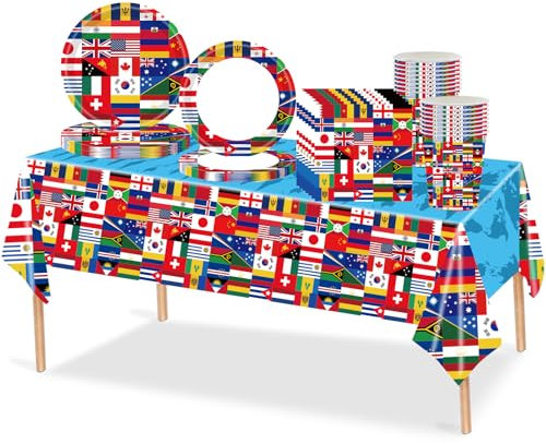 69pcs International Party Tableware Plastic Table Cloth,Paper Plates Napkins Serviettes and Cups,World Country Flags Dinnerware for International Feast,Football European Sports Event Party Decorations