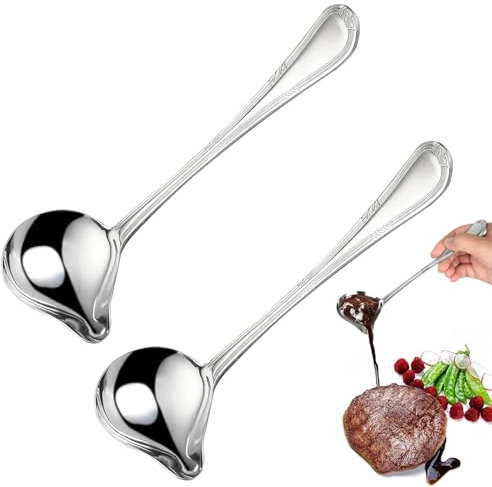 2 Pièce Cuillères à Sauce en Acier Inoxydable, Louche à Sauce avec Inclinées Bec Verseur, 20cm Cuillère Sauce à Long Manche, pour Soupes, Sauces, Condiments