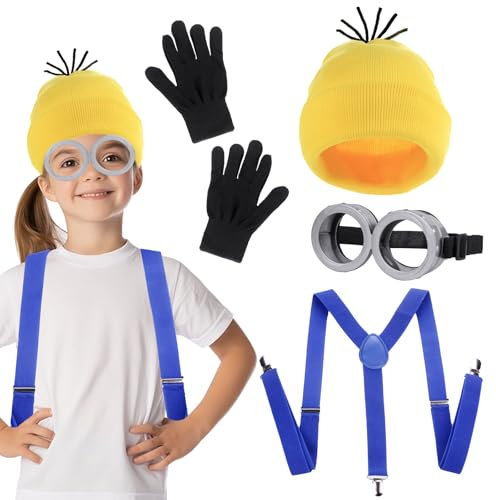 Gxhong Halloween Gelbe Kostüme Erwachsene, 4Pcs Erwachsene Cosplay Kostüm Zubehör mit Brille Schwarze Handschuhe Mütze Riemen, für Damen Herren Kinder Halloween Karneval Film Gelbe Kostüm