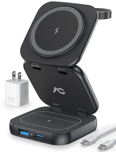 AC Island 5 in 1 Wireless Charging Station, Foldable Mag-Safe Charger Stand, Travel Wireless Charger for iPhone 16/15/14/13/12 Series, Apple Watch S10-1/Ultra, for Airpods 4/3/2/Pro (Black)
