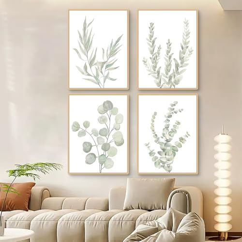 Ueiwffzo 4er Poster Set, Grün Pflanzen Poster Set, Moderne Blätter Wandbilder, Bilder Wohnzimmer Deko Schlafzimmer, Leinwandbilder Wandposter OHNE Rahmen (30x40cm)