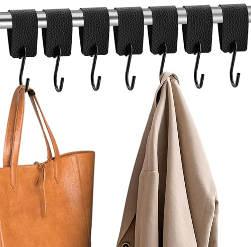 lafo 7 Stück S Haken Mit Lederschlaufe, Schwarz Kleiderhaken, Garderobenhaken Fleischerhaken Leder ohne Bohren für Garderobe Stange Küche Badezimmer