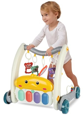 Lauflernhilfe für Babys, stehend, mit interaktiver Multiaktivitätsplatte + abnehmbare Musik, faltbar, bis zu 12 kg, Grau
