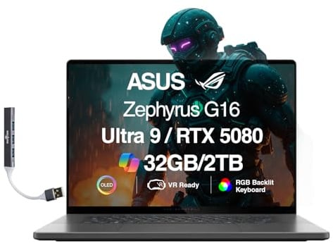 ASUS ROG Zephyrus G16 AI Gaming Laptop 16 ROG Nebula OLED FHD+ Display (Intel Ultra 9-285H, GeForce RTX 5080 16GB, 32GB LPDDR5X, 2TB SSD, RGB KB, Wi-Fi 7, BT 5.4, Win11Home) con espansore porta USB