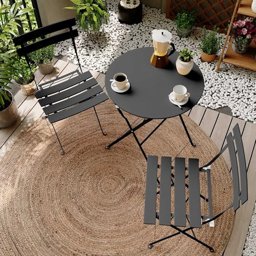 KamerOut 3-teiliges Gartenmöbel Set Faltbarer Bistrotisch mit 2 Stühlen aus Stahl mit Premium Rahmen für Terrasse Garten Balkon und Poolbereich (Schwarz)