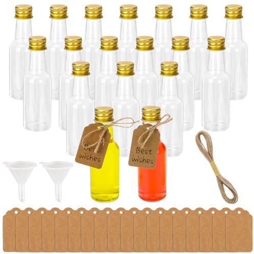 AILUYA 18 Pack 50ML Mini Plastic Liquor Bottles, Small Bottles for Filling, with 2 Mini Funnels, 18 Kraft Paper Labels and 5M Hemp Twine, Small