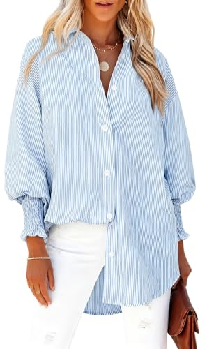 ADUDVLO Striped Shirt Women Striped Button Down Shirts Long Sleeve Blouse Smocked Cuffed Oversized Womens Blouses Work Shirts for Women UK (UK, Alpha, L, Regular, Regular, Blue)