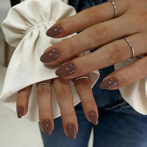 KQueenest Press On Nails Short - Gray Brown False Nails Oval, 32 Pcs 16 Sizes Natural Short Fake Nails Press ons Almond, Reusable Opaque Glossy Stick on Artificial Nail for Everyday Office Wear