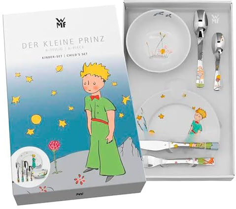 regalo grabado Cubiertos Personalizados Vajilla Principito +3 Años | Set de 6 cubiertos y vajilla infantil de acero inox y porcelana, Grabado de nombre y fecha, Apto para mayores de 3 años