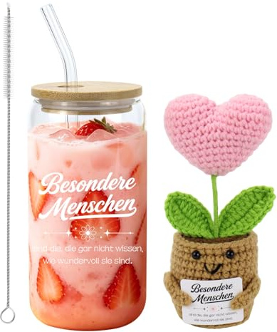 Mjuthy Regalos para mujeres, mejores regalos de novia, vaso personalizado y planta de corazón rosa tejida a mano, ideal como regalo positivo para novia, mamá y mujeres