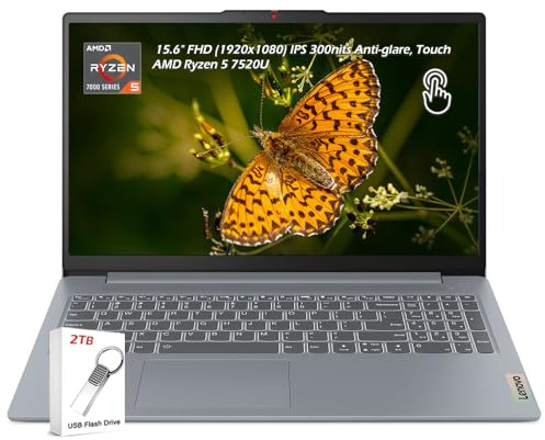 Lenovo IdeaPad Slim 3i 15.6 FHD Touch Laptop, AMD Ryzen 5 7520U(Beat i7-1255U), AMD Radeon 610M, Artic Grey, Backlit, 8GB RAM DDR5 2TB SSD, WiFi6, Win11,Bundle with 2TB Flash Drive, W/GaLiMu