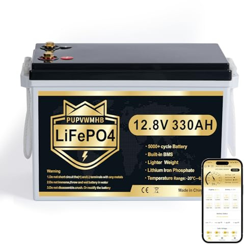 Batterie LiFePO4 12V 330Ah Bluetooth, BMS 200A, 15000 cycles, 4224Wh, protection basse température, cycle profond, compacte, pour camping-car RV moteur électrique solaire