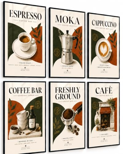 6x Coffee Bar Espresso Poster Set A4 by PosterPost | Kaffee Poster, Barista Wanddeko & Vintage Küchenposter | Espresso, Moka, Cappuccino, Coffee Bar & Freshly Ground | Kunstdrucke ohne Rahmen