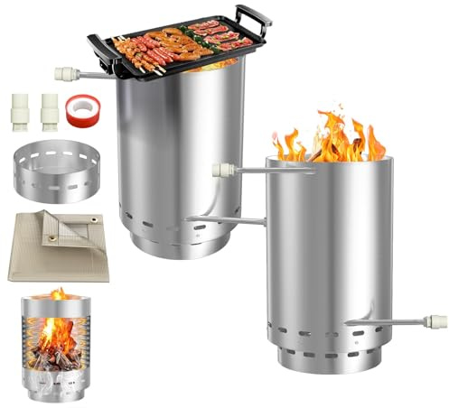 LZQ Poolheizung Edelstahl Feuertonne, Holz Poolofen mit Heizspirale 32/38 mm Anschluss Outdoor Schwimmbad Wassererwärmer Holzbeheizt – inkl. Feuerfeste Matte & Restasche Auffangwanne, 2 Stück