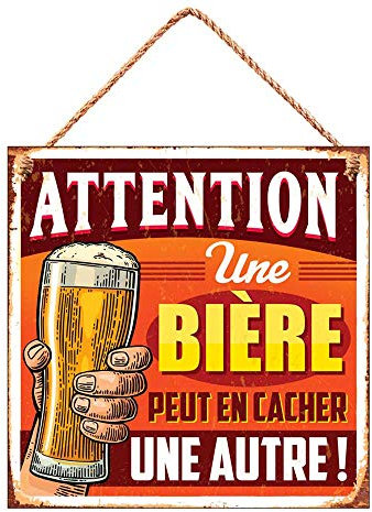 Plaque déco metal 20 x 20 cm attention une bière peut en cacher une autre !