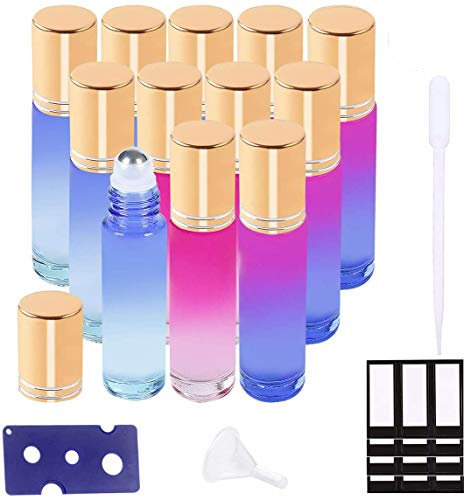 SUXNOS Ätherische Öle Roller Flaschen Multicolor Glasflaschen Edelstahl Roller Bällen 10ml mit für aromaöl und duftöl nachfüllbares 12 Stück (Trichter, Öffner, Etiketten, Plastik-Pipetten)