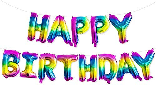Self Inflating Happy Birthday Banner Balloon Bunting Silver 16 inch Letters Foil (Rainbow)