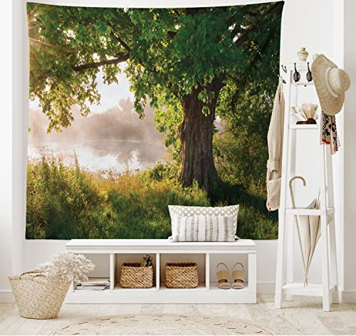 ABAKUHAUS Baum Wandteppich und Tagesdecke, Stream Mystic Foggy Szene aus Weiches Mikrofaser Stoff Waschbar ohne Verblassen Digitaldruck, 230 x 140 cm, Braun Grün Staub