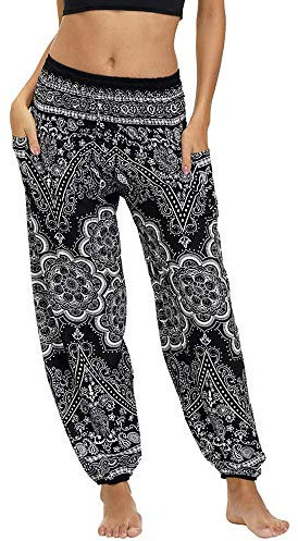 Nuofengkudu Damen Hippie Harems Hose Pumphose Haremshose Aladdinhosen Boho Gemustert Gesmockte Taille mit Taschen Yogahose Freizeithose Sommerhose Strandhose Schwarz Elefant B