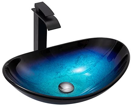 YEHEI Waschbecken Und Wasserhahn Combo, Künstlerische Waschbecken Aus Gehärtetem Glas Mit Schwarzem Wasserhahn, Aufsatzwaschbecken Oval