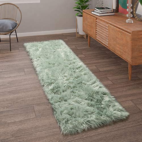 Paco Home Kunstfell Fellteppich Imitat Teppich Hochflor Sitzkissen Herzform Rund Fell Form, Grösse:50x150 cm, Farbe:Mint-Grün