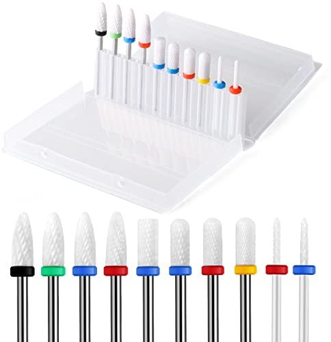 ERUIKA 10Pcs Ceramic Nail Drill Bits,3/32 Nail Drill Bits Set for Acrylic Gel Nails Professional Rotary Burrs Electric Manicure Pedicure Nail File Cuticle Remover Crystal Nail Extension