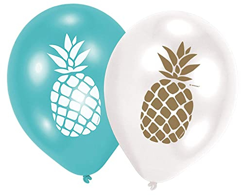 6 Latexballons Ananas Gold-Blau-Weiß 28 cm für Tropen-Party