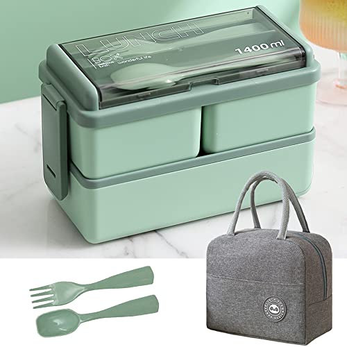 Tohoee Porta Pranzo 1400ml Lunch Box Bento Box con Posate 2 Strati con Silicone Guarnizione Porta Pranzo Scomparto e Borsa Termica per Picnic, Scuola Uffici, Adulto, Bambini…