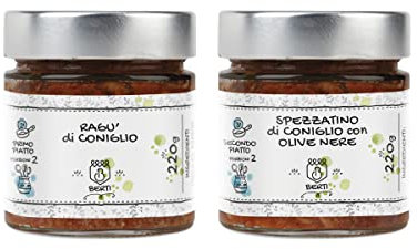 Berti 1 Spezzatino di Coniglio con Olive nere 220g, per Secondo Piatto con Legumi, Riso e Cereali e 1 Sugo Pronto Ragù di Coniglio 220g Condimento Pasta e Riso, pronti all'uso, Carne 100% Italiana