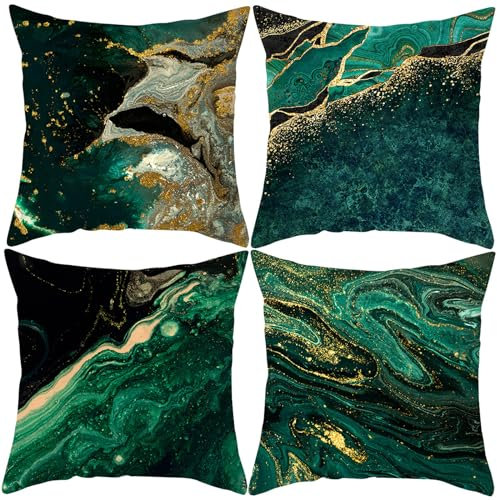 LOHDALOLF Emerald Green Gold Cushion Covers 45x45 cm Set of 4 Green and Gold Marble Cushion Cases Luxury Abstract Decorative Pillow Covers for Couch Sofa Living Room