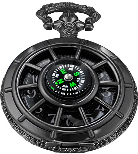 Tiong Black Men's Hollow-Out Compass Quartz Pocket Watch, Rudder Hollow Arabic Digital Dial Quartz Pocket Watches with Chain for Men