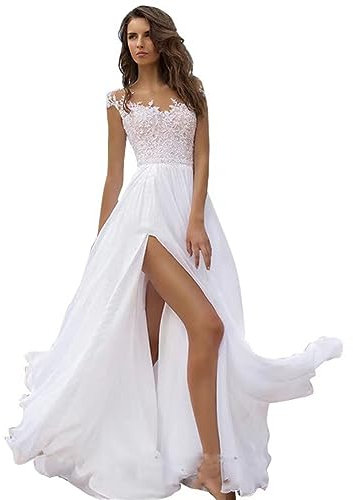 LOGEA Hochzeitskleid Damen Lang Brautkleider Elegant Spitze Brautmode Rückenfrei Abiball Prinzessin Kleider Abendkleider Elegant Für Hochzeit,Weiß,XL