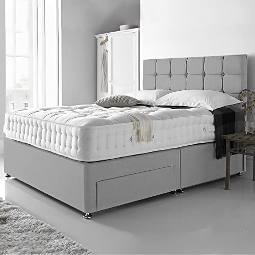 DBZ BEDS Reinforced Single Bed Set 3 FT with 2000 Series Mattress - Grey Plush Velvet Divan Beds Set with Various Storage Options – 26 Inch Headboard with Chrome Glider Feet (Single)