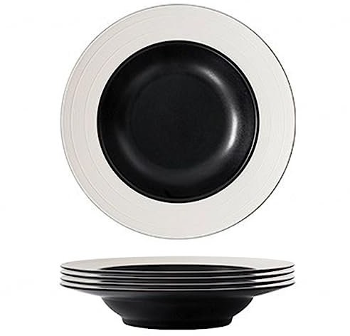 NGDECOR Juego de 4 Platos Hondos Redondos de Porcelana, Tazones para Pasta de 9 Pulgadas, Tazones de Sopa Clásicos Blancos y Negros, Cuencos con Borde de Cerámica, Diámetro con Placas de Borde,Small