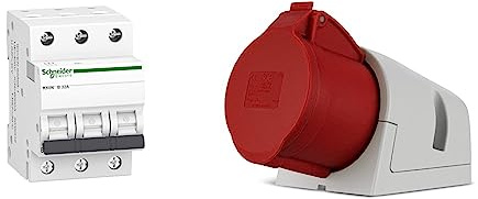 Schneider Electric A9K01332 Leitungsschutzschalter K60N 3P, 32A, B Charakteristik, 6kA, weiß, 32 Ampere B & REV CEE Steckdose, Starkstrom Steckdose, 400VAC, 32A, 5-polig, 3Ph + N + PE, IP44, rot
