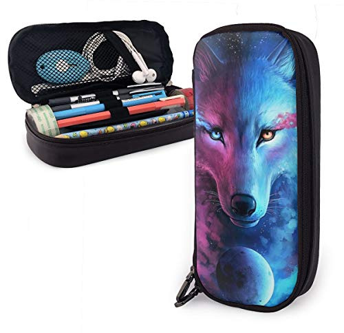 Pu Leder Federmäppchen Rosa Und Blaue Coole Wolf-Mond-Kunst Aufbewahrung Bleistift Tasche Multifunktions Federmappe Große Kapazität Federtasche Für High School Schul Teenager